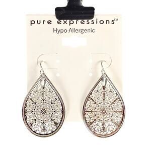 Pure Expressions Silver Tone Filigree Teardrop Dangle Earrings Hypo-Allergenic